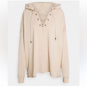 Aerie Beige Lace-Up Hoodie Oversized Long Sleeve Raw Hem - Size M